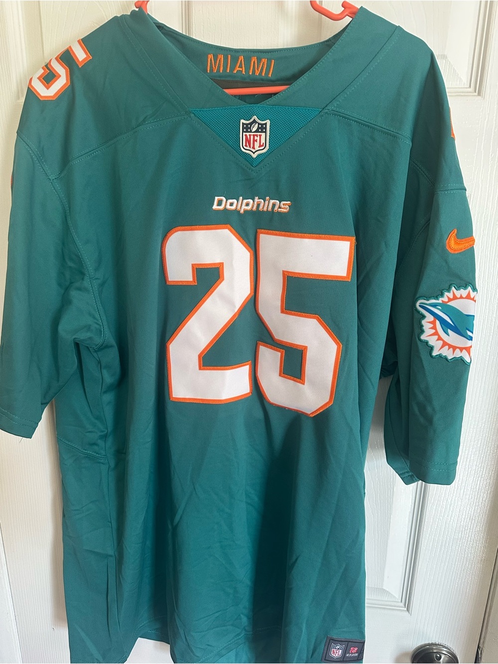 Nike Miami Dolphins #25 Teal Football Jersey with White and Orange Accents